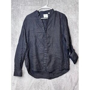 Baird McNutt Murano Linen Shirt Women's L Long Sleeve Button Roll Tab Black